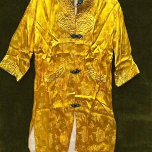 Vintage 50s/60s Yellow Silk Brocade Chinese Robe - "Double Happiness" -  S/M